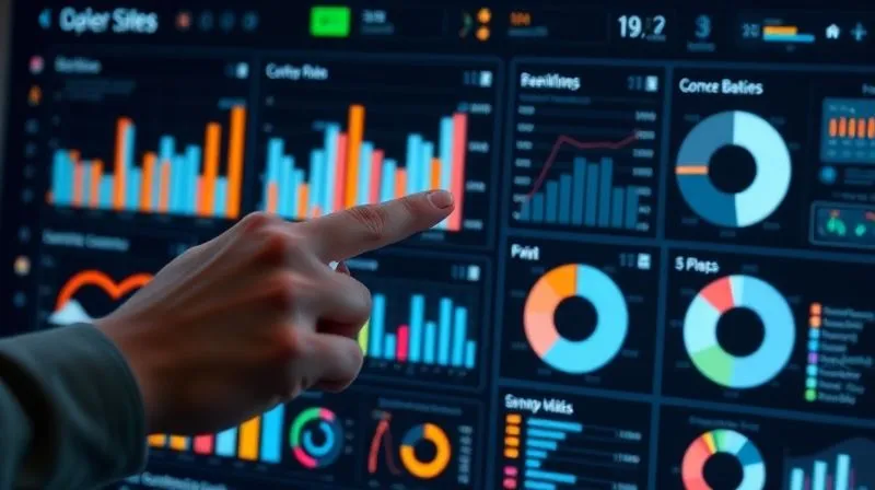 A photorealistic image of a complex dashboard with various digital metrics displayed: bar charts for conversion rates, line graphs for engagement, and pie charts for customer demographics, all presented on a holographic interface. A hand points to a specific metric, indicating analysis. Cinematic lighting, sharp focus on the dashboard, depth of field blurring the background, 8K hyper-detailed, professional photography.
