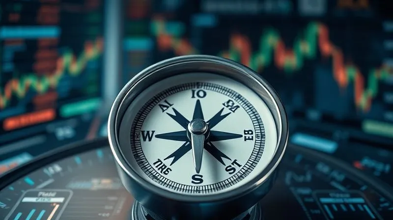 A photorealistic image of a compass with its needle wavering between two paths labeled 'Pivot' and 'Persist', set against a backdrop of complex digital data streams and a blurred, dynamic market landscape. The lighting is dramatic, highlighting the decision point. Sharp focus on the compass, depth of field blurring the background, 8K hyper-detailed, professional photography.