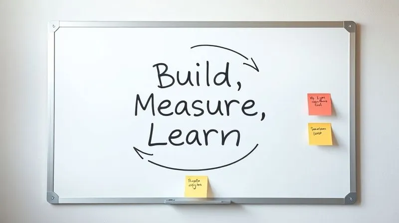 A photorealistic image of a minimalist whiteboard with "Build, Measure, Learn" cycle drawn with clean lines, surrounded by a few sticky notes with simple ideas. The scene has soft, natural light, sharp focus on the whiteboard, depth of field. 8K hyper-detailed, professional photography, shot on a high-end DSLR.