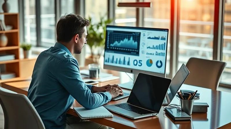 A photorealistic image of a person sitting at a desk, surrounded by open laptops and notebooks, intently analyzing data on a screen with graphs and charts. The setting is a modern, sunlit office, suggesting deep thought and strategic planning. Cinematic lighting, sharp focus on the screen, depth of field. 8K hyper-detailed, professional photography, shot on a high-end DSLR.