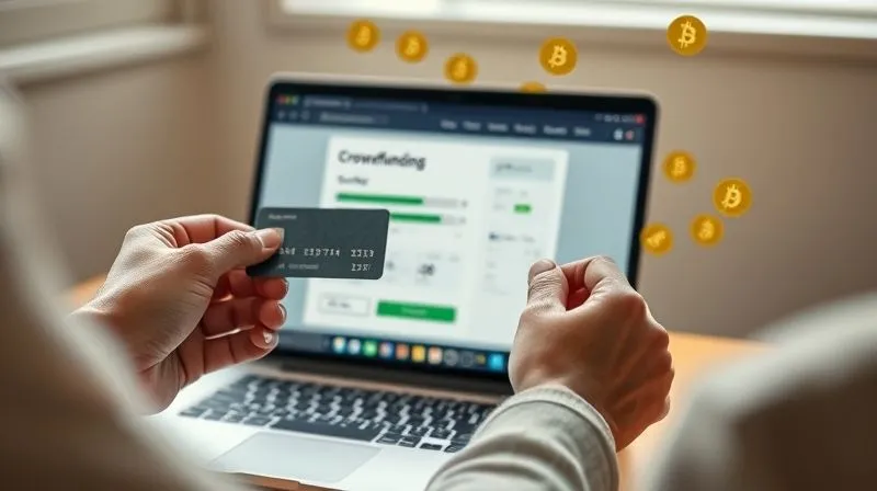 A photorealistic image of a person holding a credit card, looking at a laptop screen displaying a crowdfunding campaign page with progress bars filling up, surrounded by digital currency symbols. The scene has bright, optimistic lighting, sharp focus on the screen, depth of field. 8K hyper-detailed, professional photography, shot on a high-end DSLR.