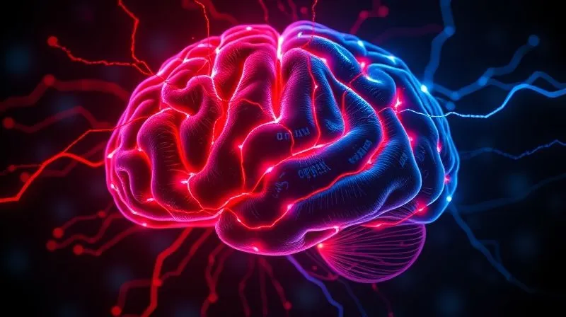 Photorealistic image of a brain's neural pathways lighting up with fear (depicted as red, chaotic lines) and then transforming into pathways of opportunity (depicted as blue, organized, and glowing lines), cinematic lighting, 8K hyper-detailed, showing the transition from apprehension to clarity within the brain structure.