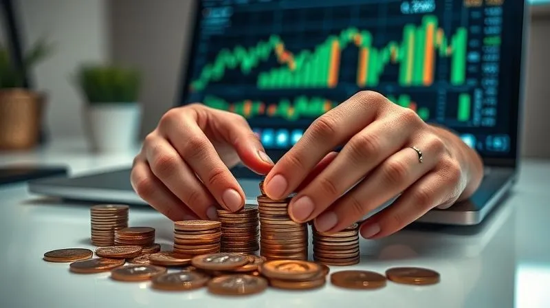Photorealistic image of hands meticulously arranging coins and digital currency symbols on a clean desk, with a laptop displaying financial charts in the background, representing diligent financial planning and security for a new venture. Cinematic lighting, sharp focus on the hands and coins, 8K hyper-detailed.