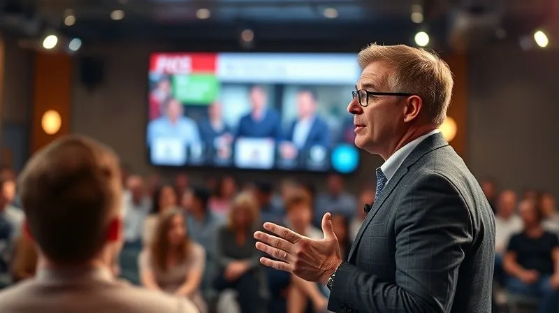 A photorealistic image of a thought leader speaking confidently at a professional virtual event, screen showing engaged audience, cinematic lighting, sharp focus on the speaker, depth of field blurring the background, 8K hyper-detailed.