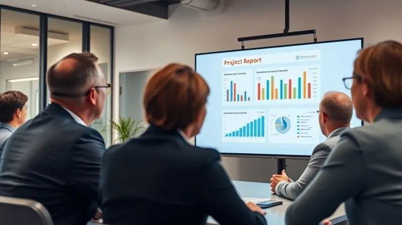 A photorealistic image of a consultant presenting a successful project report on a large screen to satisfied clients, professional setting, cinematic lighting, sharp focus on the faces, depth of field blurring the background, 8K hyper-detailed.