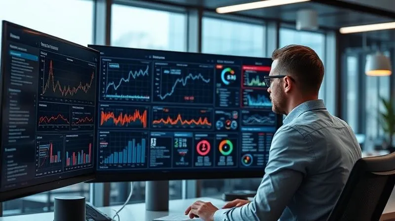 A photorealistic image of a consultant analyzing a complex dashboard with various data points and graphs on a large monitor, futuristic office, cinematic lighting, sharp focus on the data, depth of field blurring the background, 8K hyper-detailed.