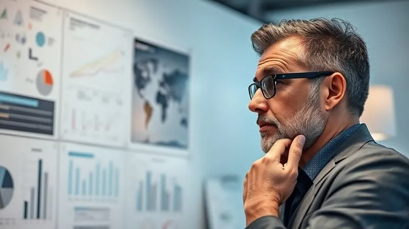A photorealistic image of a consultant thoughtfully looking at a complex problem on a whiteboard, surrounded by digital tools and blurred charts, cinematic lighting, sharp focus on the consultant's pensive expression, depth of field blurring the background, 8K hyper-detailed.