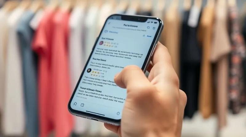 A photorealistic close-up of a hand scrolling through detailed online reviews on a smartphone, with a blurred background of clothing racks. The screen shows a mix of star ratings and text comments, emphasizing scrutiny and attention to detail. Professional photography, 8K, cinematic lighting, sharp focus on the phone screen and hand, depth of field, shot on a high-end DSLR.