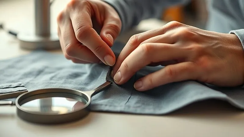 A photorealistic close-up of hands meticulously examining the stitching and fabric quality of a piece of clothing, with a magnifying glass nearby. The background is a clean, professional workshop table. Emphasize detail, precision, and quality control. Professional photography, 8K, cinematic lighting, sharp focus on the fabric and hands, depth of field, shot on a high-end DSLR.