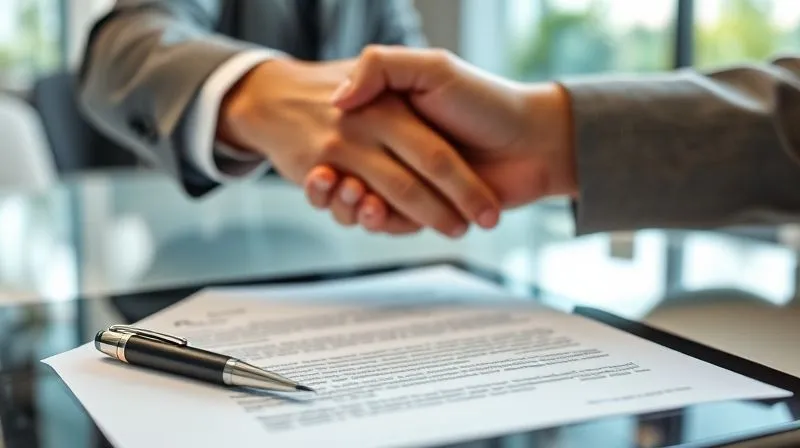 A photorealistic image of two hands shaking firmly over a signed contract, with a pen and a tablet showing a digital agreement in the foreground. The setting is a modern, clean office, suggesting a professional and secure business deal. Emphasize trust, agreement, and legal protection. Professional photography, 8K, cinematic lighting, sharp focus on the handshake and contract, depth of field, shot on a high-end DSLR.