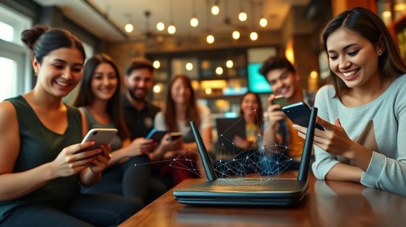 A photorealistic, professional photography shot from a low angle, showing a modern, sleek Wi-Fi router with subtle data streams flowing from it towards various digital devices (smartphones, tablets) held by diverse, happy customers in a bustling, well-designed local cafe. The data streams are depicted as glowing, intricate networks, subtly highlighting connection and information flow. Cinematic lighting, sharp focus on the router and nearest devices, depth of field blurring the background customers, 8K hyper-detailed, shot on a high-end DSLR. Emphasize the concept of data flowing from connectivity.