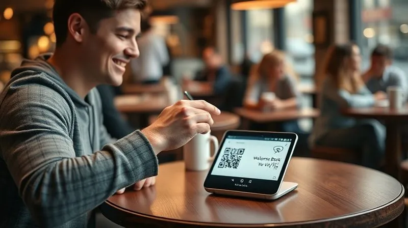 A photorealistic, professional photography shot of a customer happily scanning a QR code on a small, elegant display on a cafe table to connect to Wi-Fi. In the background, other customers are engaged in conversations, and the cafe atmosphere is warm and inviting. A subtle digital overlay could show a "Welcome Back!" message or a small loyalty points icon. Cinematic lighting, sharp focus on the QR code and the customer's hand, depth of field blurring the background, 8K hyper-detailed, shot on a high-end DSLR. Emphasize seamless connection and customer satisfaction in a local business setting.