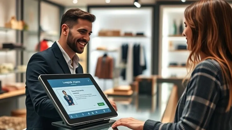 A photorealistic, professional photography shot of a digital display or tablet on a counter in a modern boutique, showing a personalized offer or loyalty program interface, with a customer looking at it with a pleased expression. In the background, other products are artfully arranged. Cinematic lighting, sharp focus on the digital display and customer's face, depth of field blurring the background, 8K hyper-detailed, shot on a high-end DSLR. Emphasize the direct impact of digital engagement on sales within a physical store.