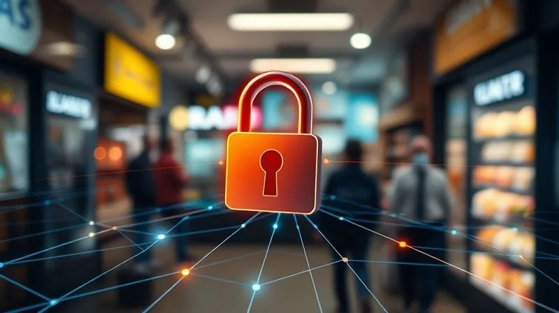 A photorealistic, professional photography shot of a stylized digital padlock icon subtly integrated into a network diagram, with glowing lines representing secure data flow. In the background, a blurred image of a bustling local business, suggesting protection over customer interactions. Cinematic lighting, sharp focus on the padlock and network lines, depth of field blurring the background, 8K hyper-detailed, shot on a high-end DSLR. Emphasize digital security and trust in a modern, professional context.