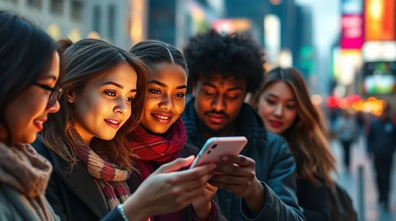 A photorealistic image of a diverse group of people looking intrigued by a glowing smartphone screen, cinematic lighting, sharp focus on their curious expressions, depth of field blurring a bustling city background, 8K hyper-detailed, professional photography, shot on a high-end DSLR.