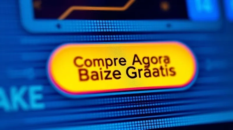 A close-up, photorealistic shot of a vibrant, well-designed call-to-action button on a digital interface, with text like "Compre Agora" or "Baixe Grátis". Emphasize sharp focus and cinematic lighting to make it stand out. 8K hyper-detailed.