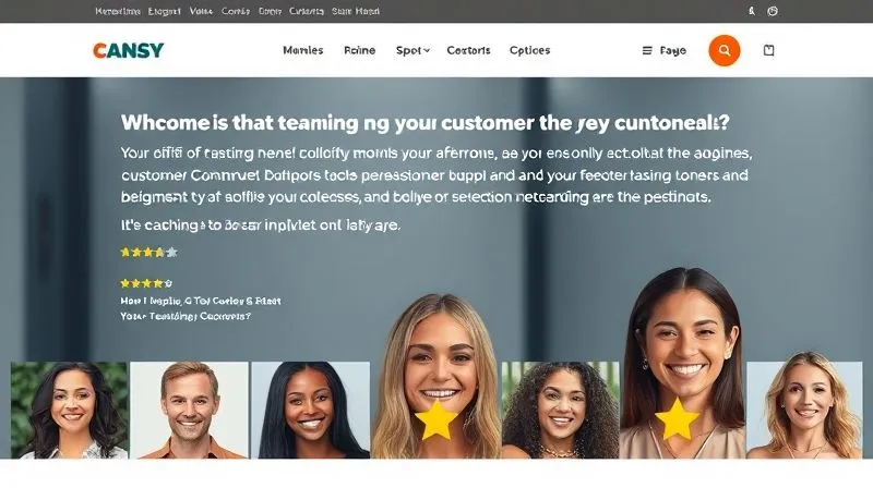 A photorealistic shot of a testimonial section on a clean website design, featuring diverse smiling faces of satisfied customers and star ratings. Professional photography, cinematic lighting, sharp focus on the faces and text. 8K hyper-detailed.