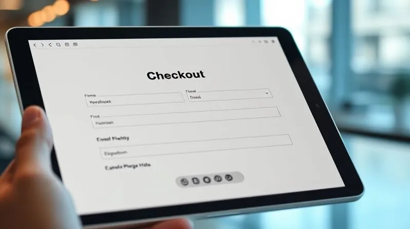 A photorealistic, professional photography of a simplified, user-friendly online checkout form on a tablet screen, showing minimal fields and clear progress indicators. Soft, cinematic lighting, sharp focus on the form fields. 8K hyper-detailed.