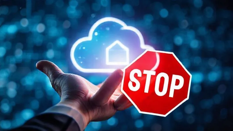 A photorealistic image of a person's hand reaching out to download an image from a glowing, abstract internet cloud, but a large, red 'STOP' sign icon is superimposed over the image, indicating legal warning. Cinematic lighting, sharp focus on the hand and digital elements, depth of field blurring the background. 8K hyper-detailed, professional photography, shot on a high-end DSLR.