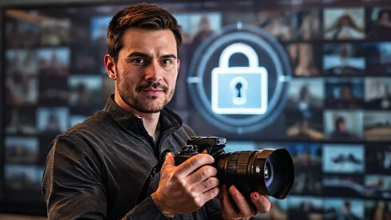 A photorealistic image of a professional photographer, looking confident and determined, standing in front of a digital screen displaying a securely locked folder icon over a gallery of their photographs. The photographer is holding a camera, with a subtle glow around them, symbolizing protection. Cinematic lighting, sharp focus, depth of field. 8K hyper-detailed, professional photography, shot on a high-end DSLR.