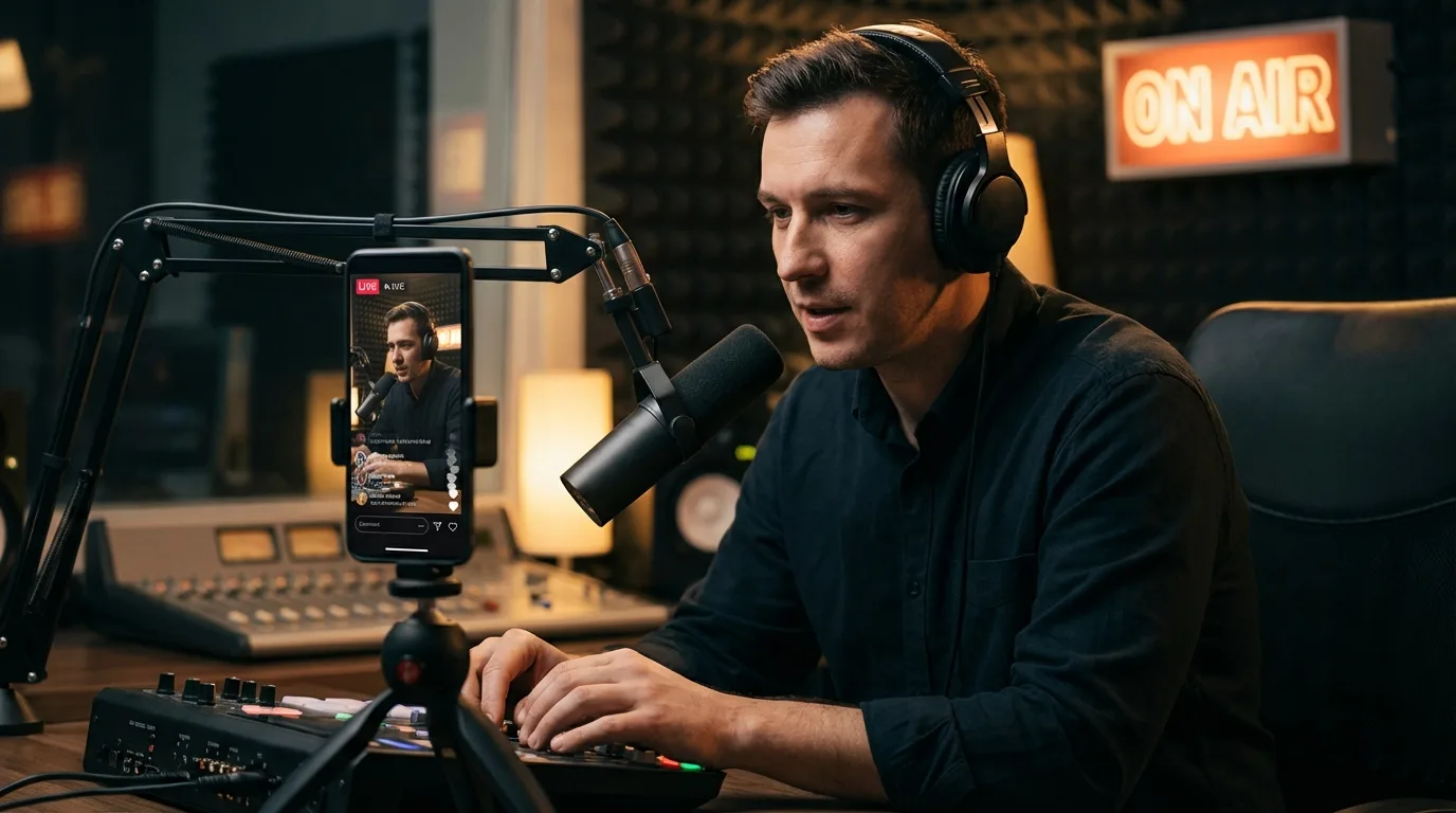 DJ transmitindo ao vivo nas redes sociais: alcance e engajamento instantâneos para sua rádio online.