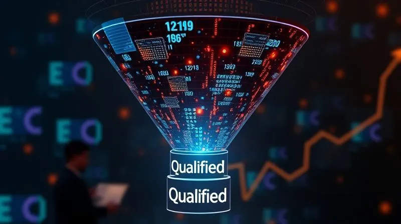 A photorealistic image of a detailed, intricate digital funnel glowing with various data points flowing into it, symbolizing lead qualification. Cinematic lighting highlights the 'qualified' section at the bottom. Sharp focus on the funnel, with a blurred background of abstract tech elements. 8K hyper-detailed, professional photography, shot on a high-end DSLR.