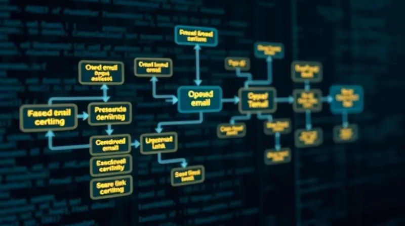 A photorealistic, professional photography, 8K, cinematic lighting, sharp focus, depth of field, shot on a high-end DSLR of a complex yet organized digital flowchart representing an email nurture sequence. Each step is a glowing node, with arrows indicating conditional paths based on user interaction (e.g., 'opened email', 'clicked link'). The background shows subtle lines of code and data, emphasizing the digital and tech context.