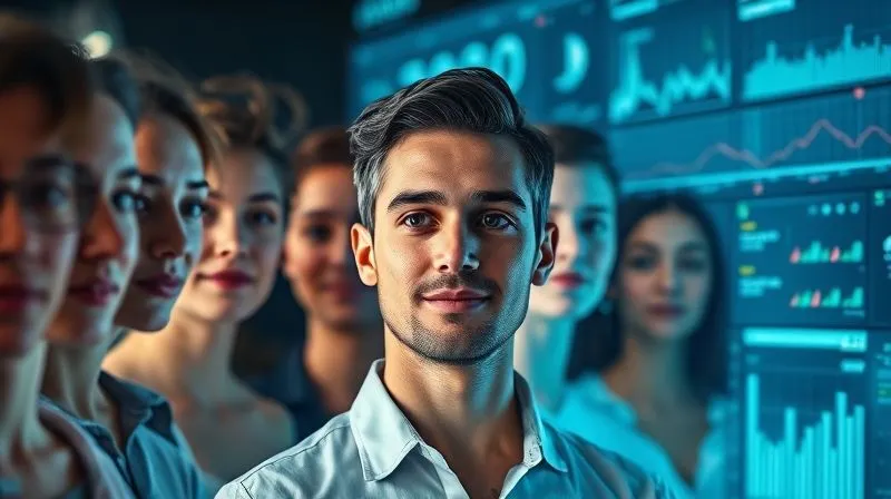 A photorealistic image of a diverse group of people's faces merging into a single, representative persona avatar on a digital screen, surrounded by data points and user insights. Cinematic lighting, sharp focus on the persona, depth of field. 8K hyper-detailed, professional photography, shot on a high-end DSLR.