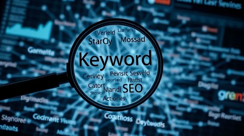 A photorealistic image of a magnifying glass hovering over a complex web of keywords and search terms, illustrating the intricate process of keyword research for SEO. Background shows a digital interface with various search metrics. Cinematic lighting, sharp focus on the magnifying glass and keywords, depth of field. 8K hyper-detailed, professional photography, shot on a high-end DSLR.