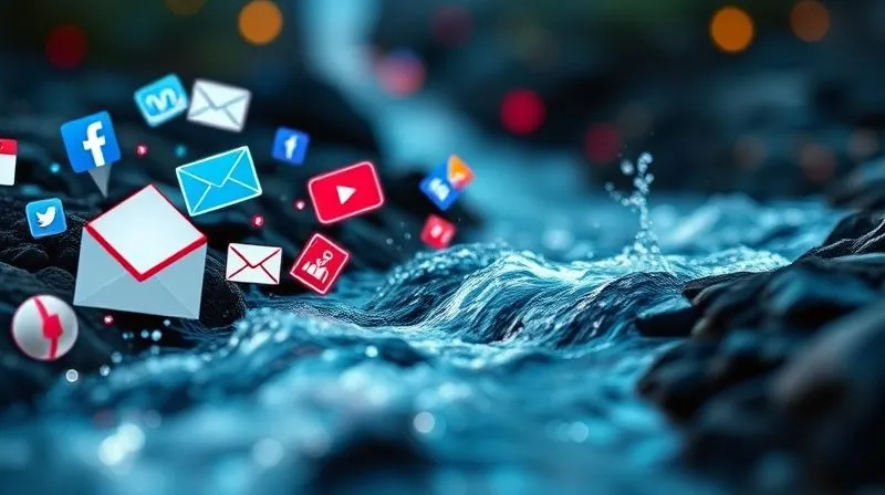 A photorealistic image of digital content flowing like a river into various channels: social media icons, email envelopes, search engine magnifying glasses, and paid ad banners, symbolizing content distribution. Cinematic lighting, sharp focus on the content flow, depth of field. 8K hyper-detailed, professional photography, shot on a high-end DSLR.
