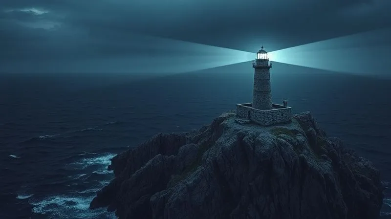 A photorealistic image of a lighthouse standing tall on a rugged cliff, emitting a powerful beam of light across a dark, stormy sea, symbolizing guidance, authority, and trust in the digital landscape. Cinematic lighting, sharp focus on the lighthouse, depth of field. 8K hyper-detailed, professional photography, shot on a high-end DSLR.