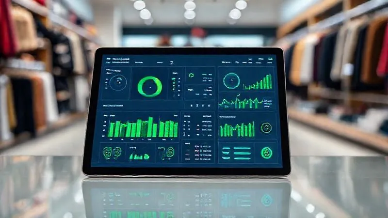 A photorealistic professional photography of a sleek, modern tablet displaying a complex yet intuitive dashboard with real-time sales data, inventory levels, and cash flow projections for a clothing store. The screen is vibrant with green and blue charts, set against a blurred background of a neatly organized retail space. 8K, cinematic lighting, sharp focus on the tablet screen, depth of field. Shot on a high-end DSLR.