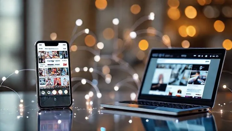 A photorealistic image of a diverse array of digital platforms, including a smartphone displaying an Instagram shopping feed, a tablet showing an e-commerce marketplace, and a laptop with a website, all radiating subtle light. The platforms are interconnected by glowing lines, symbolizing diversified revenue streams for a clothing store. Professional photography, 8K, cinematic lighting, sharp focus on the digital devices, depth of field. Shot on a high-end DSLR.