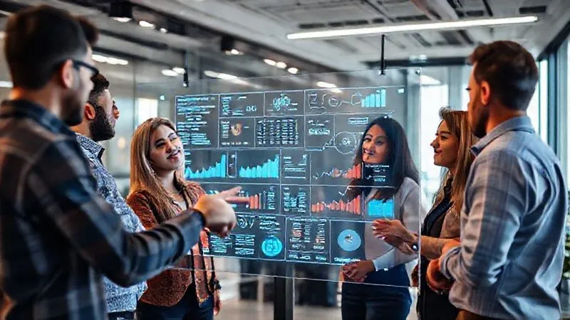 A photorealistic image of a diverse team of individuals in a modern, well-lit office collaborating around a large transparent screen displaying various data visualizations, charts, and financial projections. They are pointing and discussing, indicating data-driven decision making. Professional photography, 8K, cinematic lighting, sharp focus on the team and the screen, depth of field. Shot on a high-end DSLR.
