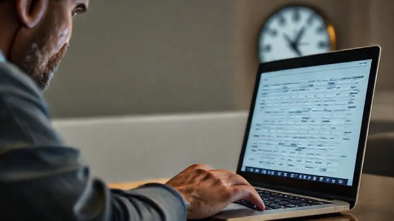 A photorealistic image of a frustrated person looking at a long, complex digital form on a laptop screen, with many empty fields. The background shows a clock ticking fast. Cinematic lighting, 8K, sharp focus, depth of field, professional photography, shot on a high-end DSLR.