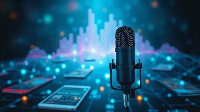 A photorealistic image of a vibrant, interconnected network of audio waves emanating from a microphone, extending towards various digital devices like smartphones and tablets, all subtly showing news headlines. The scene should convey growth and connection, with cinematic lighting and a sharp focus on the central audio waves, blurring the surrounding digital noise. 8K hyper-detailed, professional photography, shot on a high-end DSLR.