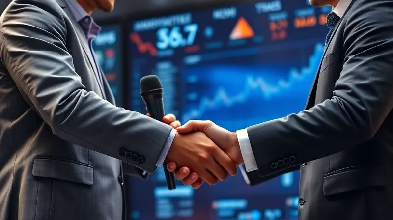 A photorealistic image of a handshake between two diverse individuals, one representing a news portal (holding a microphone) and the other a corporate brand (holding a product box), symbolizing a strategic partnership. The background shows a subtle blend of digital news feeds and analytical charts, with cinematic lighting and sharp focus on the handshake, conveying trust and mutual benefit. 8K hyper-detailed, professional photography, shot on a high-end DSLR.