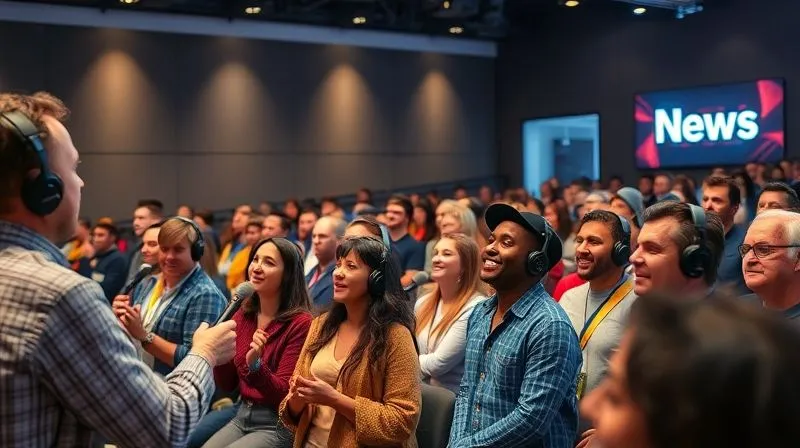 A photorealistic image of a diverse group of people enthusiastically attending a live podcast recording event, with the hosts on stage interacting with the audience. The venue is modern and well-lit, with subtle branding of the news portal visible. Cinematic lighting, sharp focus on the interaction, and a shallow depth of field blurring the background crowd. 8K hyper-detailed, professional photography, shot on a high-end DSLR.