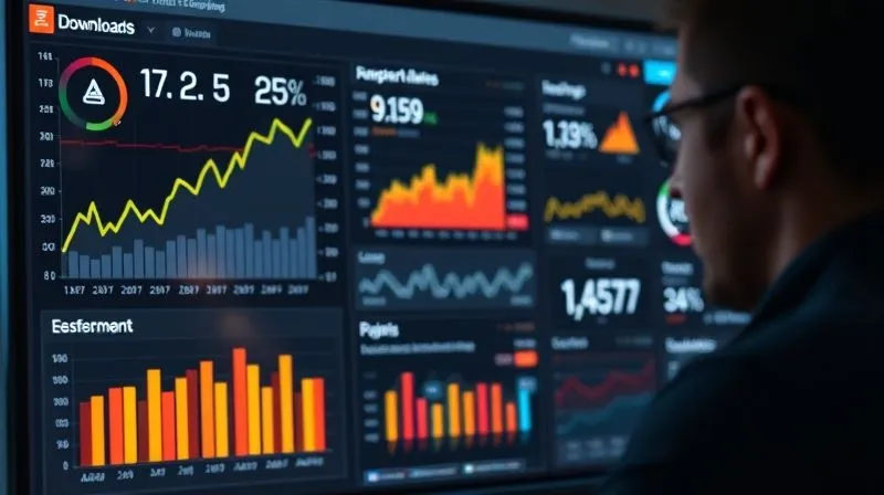 A photorealistic image of a sophisticated data dashboard displaying various podcast metrics (downloads, unique listeners, retention rates) in a clean, modern interface. The data is presented with clear graphs and numbers, with cinematic lighting illuminating the screen, sharp focus on the key metrics, and a subtle depth of field blurring a user analyzing the data in the background. 8K hyper-detailed, professional photography, shot on a high-end DSLR.