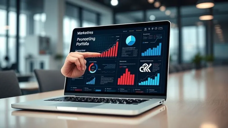 A photorealistic image of a professional digital marketing portfolio displayed on a sleek laptop screen, with various charts, graphs, and client logos. A hand is pointing to a key metric, cinematic lighting, sharp focus on the screen, depth of field blurring a modern office background, 8K hyper-detailed.