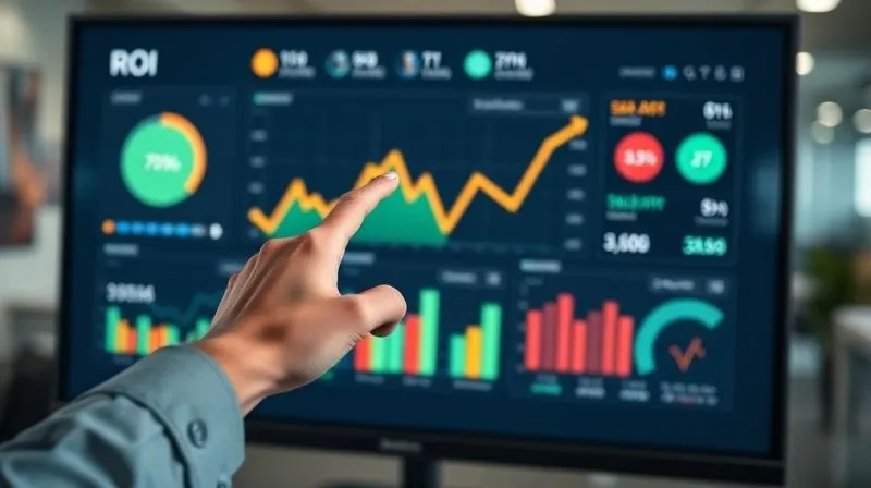 A photorealistic image of a professional marketing dashboard on a large monitor, showing clear, colorful graphs and key performance indicators (KPIs) like ROI, CTR, and CPA. A hand is pointing to a positive trend line, cinematic lighting, sharp focus on the screen, depth of field blurring a modern office background, 8K hyper-detailed.