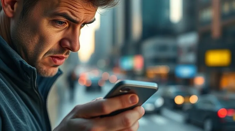 A photorealistic close-up of a frustrated person looking at a spinning loading icon on a smartphone, with a blurred background of a bustling city. Cinematic lighting, sharp focus on the phone, 8K, professional photography, shot on a high-end DSLR.