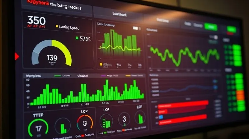 A photorealistic dashboard displaying various website performance metrics: loading speed, TTFB, FCP, LCP, with green bars indicating excellent performance and a red alert for a specific bottleneck. The screen glows with data, professional photography, 8K, cinematic lighting, sharp focus on the metrics, shot on a high-end DSLR.