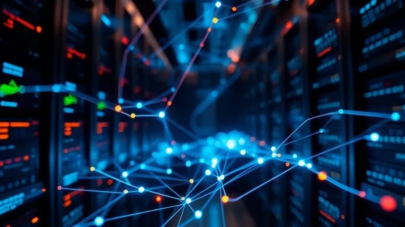 A photorealistic abstract representation of data flowing through a network, with glowing lines connecting servers to user devices. The image should convey speed, efficiency, and reliability, with a subtle hint of security. Professional photography, 8K, cinematic lighting, sharp focus, depth of field, shot on a high-end DSLR.