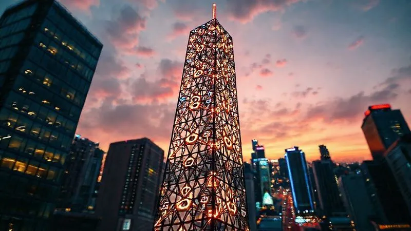 A photorealistic, professional photography shot from a low angle, showing a towering, intricate architectural structure made of glowing, interconnected brand elements (abstract symbols, color swatches, typography). The structure stands firm against a vibrant, dynamic urban urban background at dusk, symbolizing a strong and recognizable brand identity in a competitive market. Cinematic lighting, sharp focus on the structure, depth of field blurring the city, 8K hyper-detailed, shot on a high-end DSLR.