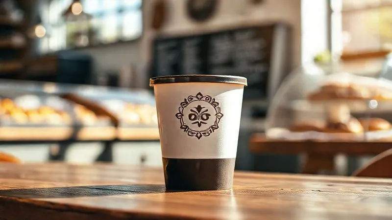 A photorealistic close-up of a beautifully designed coffee cup with a new, elegant brand logo, sitting on a rustic wooden table in a cozy, sunlit cafe. The background shows blurred details of a bakery display with artisanal pastries, conveying warmth, quality, and a welcoming atmosphere. Cinematic lighting, sharp focus on the cup, depth of field blurring the background, 8K hyper-detailed, professional photography, shot on a high-end DSLR.