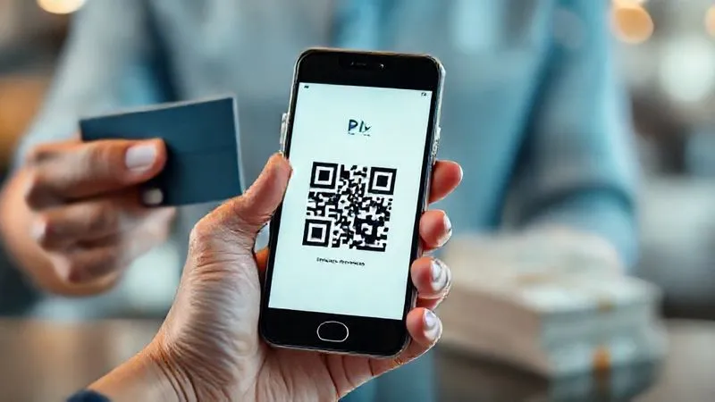 A photorealistic, professional photography of a smartphone screen displaying a Pix QR code for payment, with a blurred background of a hand holding a credit card and a stack of paper bills, symbolizing the shift to digital payments. Cinematic lighting, sharp focus on the QR code, depth of field. 8K hyper-detailed, shot on a high-end DSLR, conveying modern, fast, and secure payment.