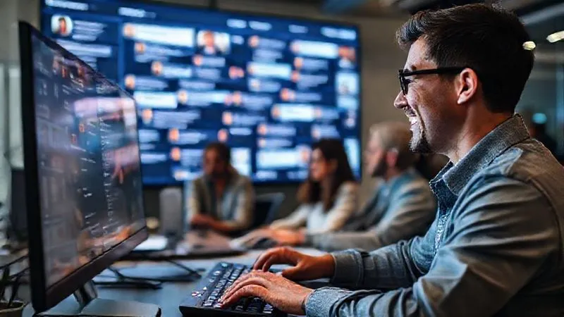 A photorealistic, professional photography of a diverse group of people engaged in a vibrant online community forum on a large screen, with various comments and reactions. A person is smiling and typing on a keyboard in the foreground, cinematic lighting, sharp focus on the screen and person, depth of field blurring the office background. 8K hyper-detailed, shot on a high-end DSLR, conveying connection, learning, and engagement.