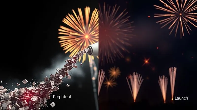 A photorealistic split image showing two different digital marketing funnels. On the left, a steady, continuous stream of small sales flowing into a funnel labeled 'Perpetual'. On the right, a large, dramatic surge of sales pouring into a funnel labeled 'Launch' with fireworks in the background. Cinematic lighting, 8K, sharp focus, depth of field, professional photography.