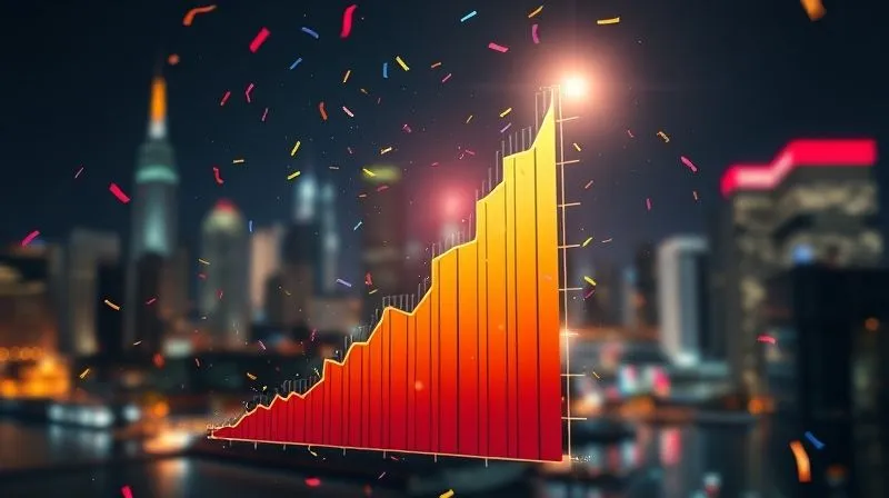 A photorealistic image of a digital graph showing a dramatic, vertical spike in sales, surrounded by celebratory confetti and a bright spotlight. The background is a blurred cityscape at night. Cinematic lighting, 8K, sharp focus on the graph, depth of field, professional photography.